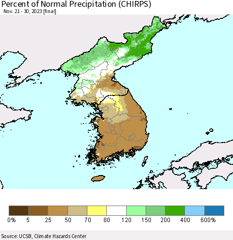 Korea Percent of Normal Precipitation (CHIRPS) Thematic Map For 11/21/2023 - 11/30/2023
