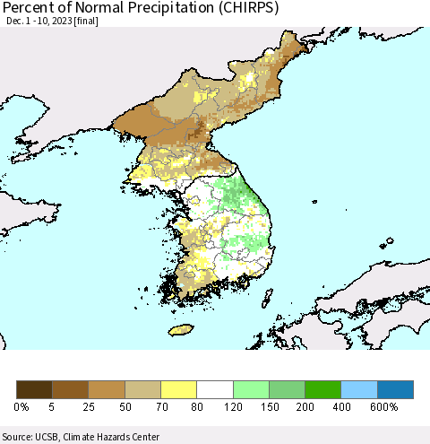 Korea Percent of Normal Precipitation (CHIRPS) Thematic Map For 12/1/2023 - 12/10/2023