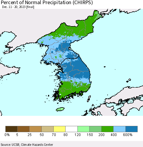 Korea Percent of Normal Precipitation (CHIRPS) Thematic Map For 12/11/2023 - 12/20/2023