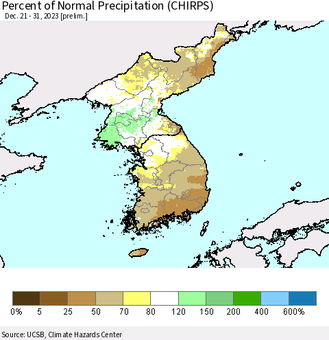 Korea Percent of Normal Precipitation (CHIRPS) Thematic Map For 12/21/2023 - 12/31/2023