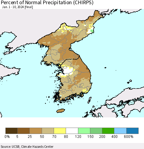 Korea Percent of Normal Precipitation (CHIRPS) Thematic Map For 1/1/2024 - 1/10/2024