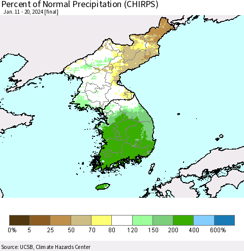 Korea Percent of Normal Precipitation (CHIRPS) Thematic Map For 1/11/2024 - 1/20/2024