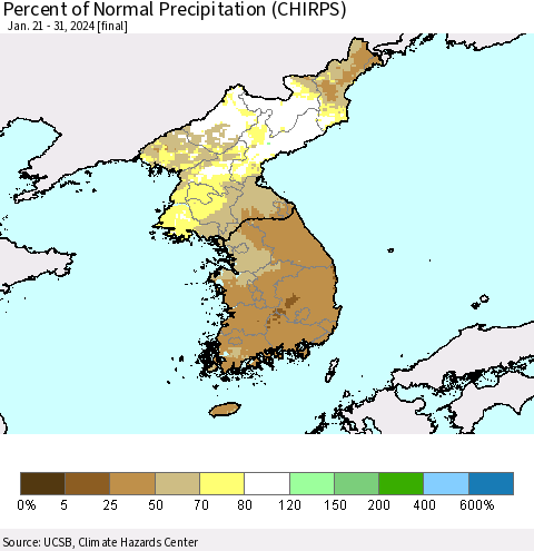 Korea Percent of Normal Precipitation (CHIRPS) Thematic Map For 1/21/2024 - 1/31/2024