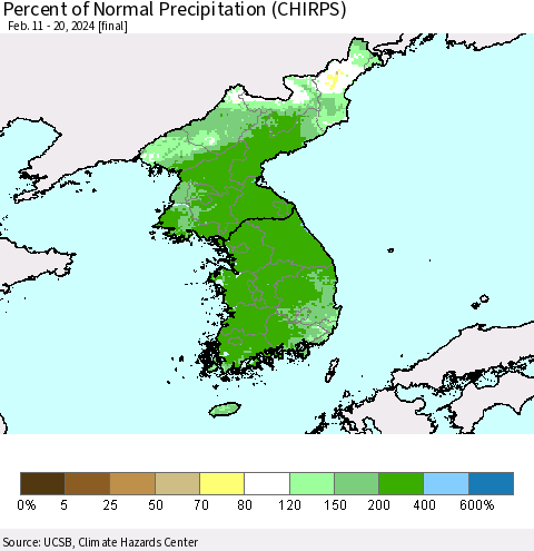 Korea Percent of Normal Precipitation (CHIRPS) Thematic Map For 2/11/2024 - 2/20/2024
