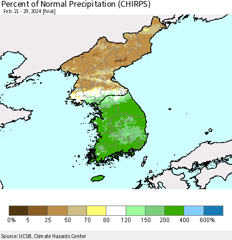 Korea Percent of Normal Precipitation (CHIRPS) Thematic Map For 2/21/2024 - 2/29/2024