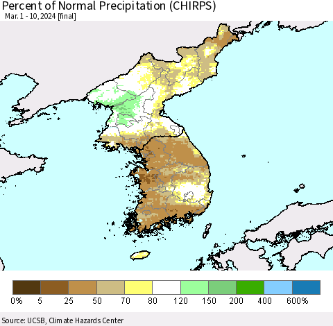 Korea Percent of Normal Precipitation (CHIRPS) Thematic Map For 3/1/2024 - 3/10/2024