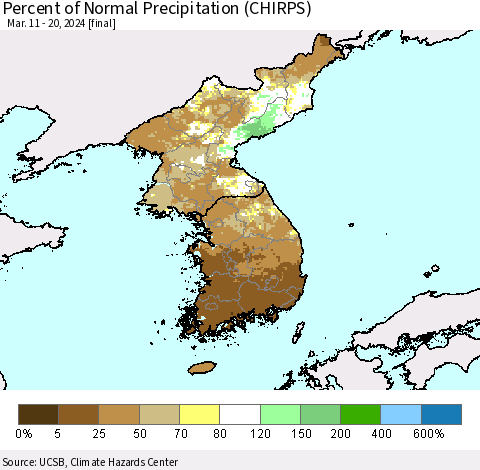 Korea Percent of Normal Precipitation (CHIRPS) Thematic Map For 3/11/2024 - 3/20/2024