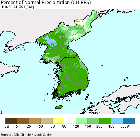 Korea Percent of Normal Precipitation (CHIRPS) Thematic Map For 3/21/2024 - 3/31/2024