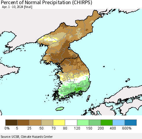 Korea Percent of Normal Precipitation (CHIRPS) Thematic Map For 4/1/2024 - 4/10/2024