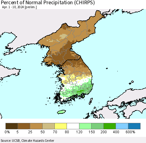 Korea Percent of Normal Precipitation (CHIRPS) Thematic Map For 4/1/2024 - 4/10/2024