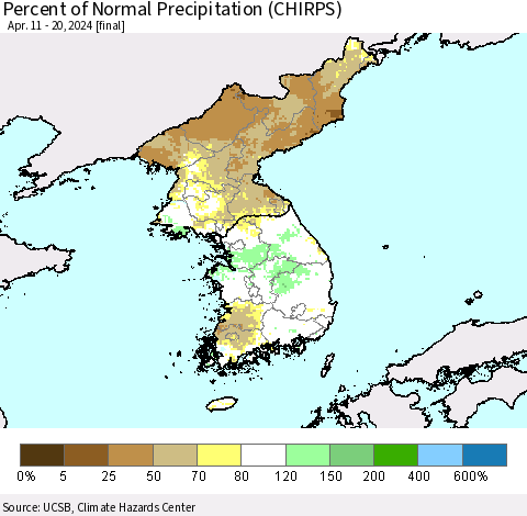 Korea Percent of Normal Precipitation (CHIRPS) Thematic Map For 4/11/2024 - 4/20/2024