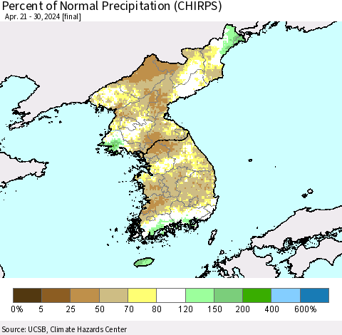 Korea Percent of Normal Precipitation (CHIRPS) Thematic Map For 4/21/2024 - 4/30/2024