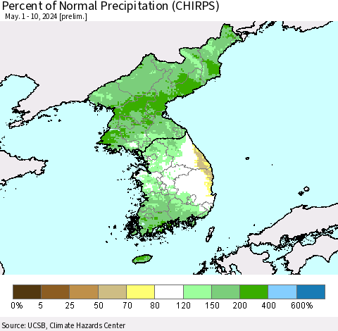 Korea Percent of Normal Precipitation (CHIRPS) Thematic Map For 5/1/2024 - 5/10/2024