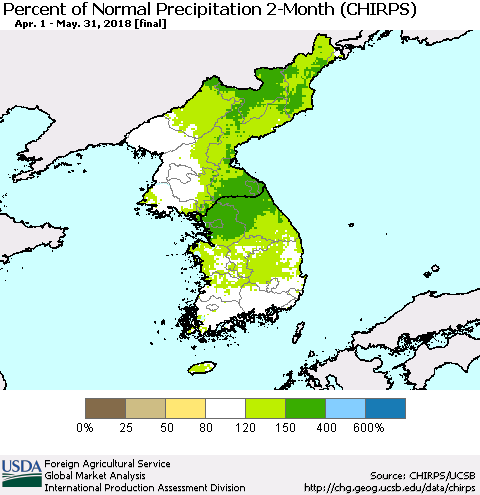 Korea Percent of Normal Precipitation 2-Month (CHIRPS) Thematic Map For 4/1/2018 - 5/31/2018