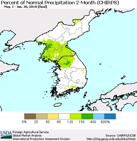 Korea Percent of Normal Precipitation 2-Month (CHIRPS) Thematic Map For 5/1/2018 - 6/30/2018