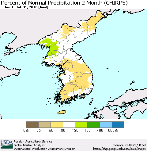 Korea Percent of Normal Precipitation 2-Month (CHIRPS) Thematic Map For 6/1/2018 - 7/31/2018