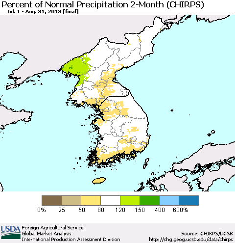 Korea Percent of Normal Precipitation 2-Month (CHIRPS) Thematic Map For 7/1/2018 - 8/31/2018