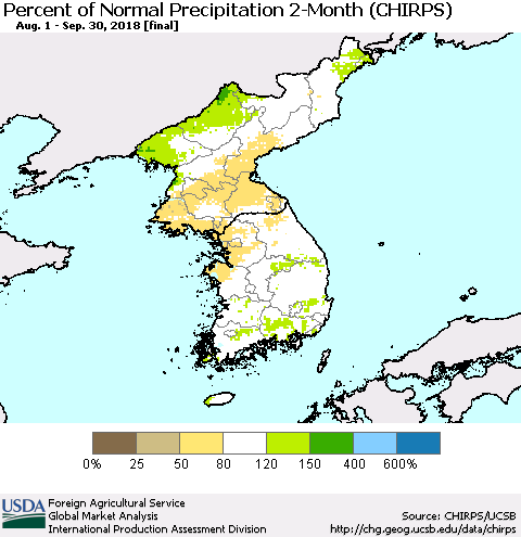 Korea Percent of Normal Precipitation 2-Month (CHIRPS) Thematic Map For 8/1/2018 - 9/30/2018