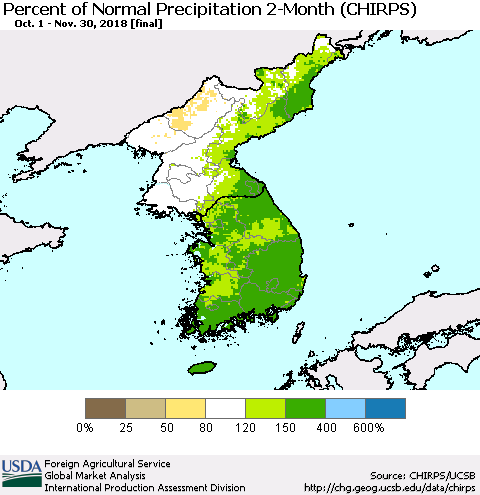 Korea Percent of Normal Precipitation 2-Month (CHIRPS) Thematic Map For 10/1/2018 - 11/30/2018