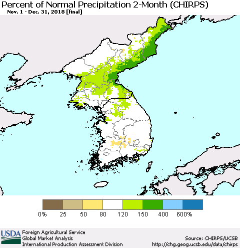 Korea Percent of Normal Precipitation 2-Month (CHIRPS) Thematic Map For 11/1/2018 - 12/31/2018