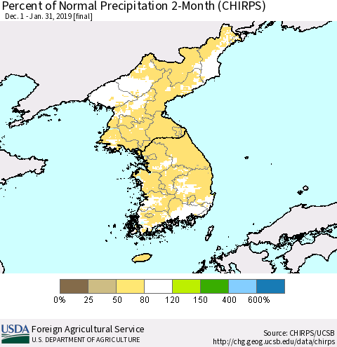 Korea Percent of Normal Precipitation 2-Month (CHIRPS) Thematic Map For 12/1/2018 - 1/31/2019