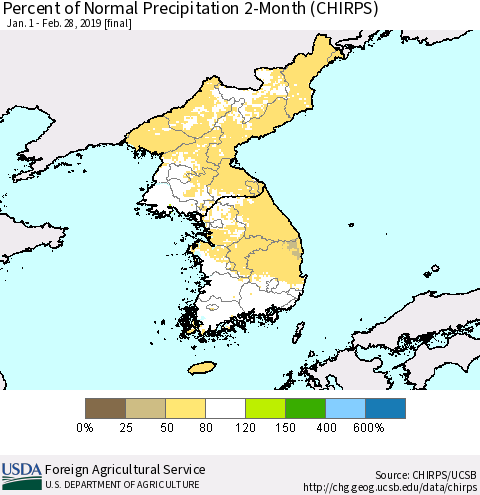 Korea Percent of Normal Precipitation 2-Month (CHIRPS) Thematic Map For 1/1/2019 - 2/28/2019