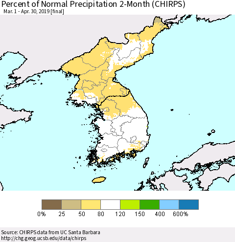 Korea Percent of Normal Precipitation 2-Month (CHIRPS) Thematic Map For 3/1/2019 - 4/30/2019
