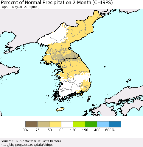 Korea Percent of Normal Precipitation 2-Month (CHIRPS) Thematic Map For 4/1/2019 - 5/31/2019