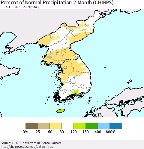 Korea Percent of Normal Precipitation 2-Month (CHIRPS) Thematic Map For 6/1/2019 - 7/31/2019