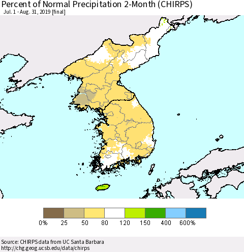 Korea Percent of Normal Precipitation 2-Month (CHIRPS) Thematic Map For 7/1/2019 - 8/31/2019