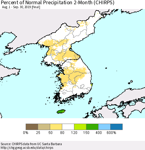 Korea Percent of Normal Precipitation 2-Month (CHIRPS) Thematic Map For 8/1/2019 - 9/30/2019