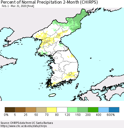 Korea Percent of Normal Precipitation 2-Month (CHIRPS) Thematic Map For 2/1/2020 - 3/31/2020