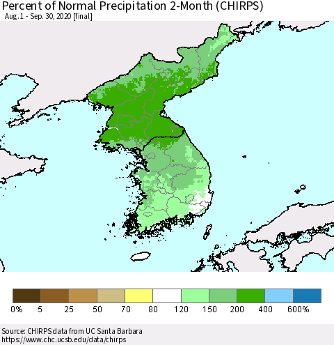 Korea Percent of Normal Precipitation 2-Month (CHIRPS) Thematic Map For 8/1/2020 - 9/30/2020