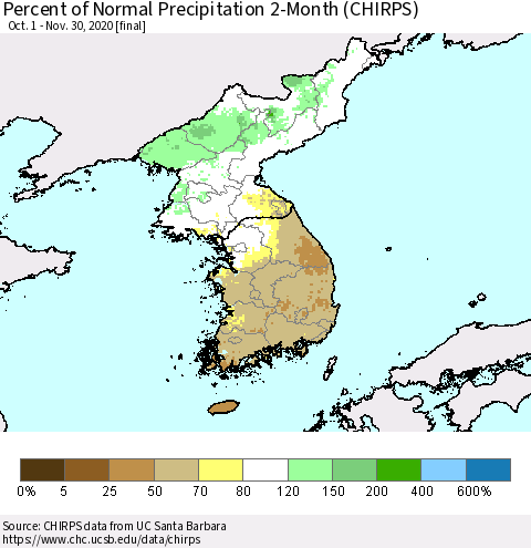 Korea Percent of Normal Precipitation 2-Month (CHIRPS) Thematic Map For 10/1/2020 - 11/30/2020