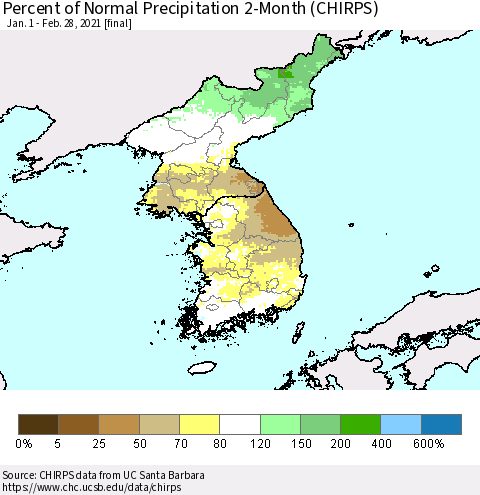 Korea Percent of Normal Precipitation 2-Month (CHIRPS) Thematic Map For 1/1/2021 - 2/28/2021