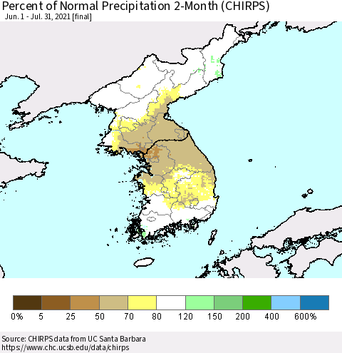 Korea Percent of Normal Precipitation 2-Month (CHIRPS) Thematic Map For 6/1/2021 - 7/31/2021