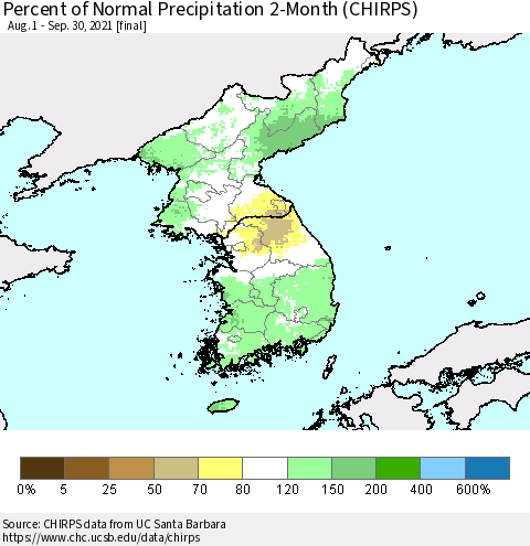 Korea Percent of Normal Precipitation 2-Month (CHIRPS) Thematic Map For 8/1/2021 - 9/30/2021