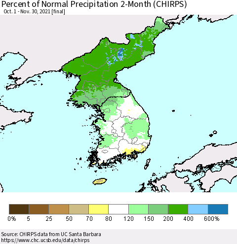 Korea Percent of Normal Precipitation 2-Month (CHIRPS) Thematic Map For 10/1/2021 - 11/30/2021