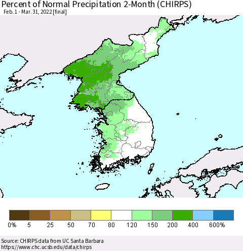 Korea Percent of Normal Precipitation 2-Month (CHIRPS) Thematic Map For 2/1/2022 - 3/31/2022