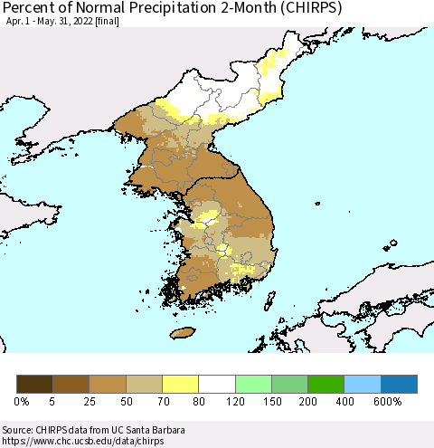 Korea Percent of Normal Precipitation 2-Month (CHIRPS) Thematic Map For 4/1/2022 - 5/31/2022