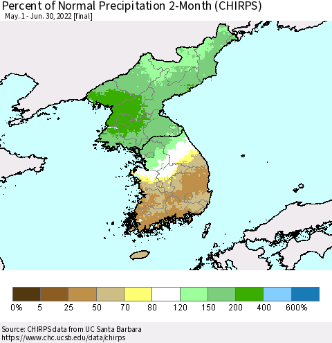 Korea Percent of Normal Precipitation 2-Month (CHIRPS) Thematic Map For 5/1/2022 - 6/30/2022