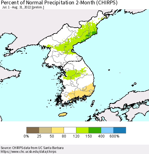 Korea Percent of Normal Precipitation 2-Month (CHIRPS) Thematic Map For 7/1/2022 - 8/31/2022