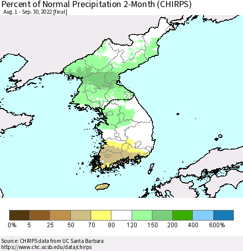Korea Percent of Normal Precipitation 2-Month (CHIRPS) Thematic Map For 8/1/2022 - 9/30/2022