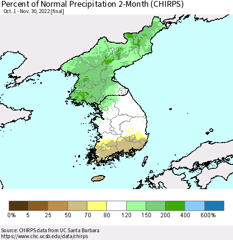 Korea Percent of Normal Precipitation 2-Month (CHIRPS) Thematic Map For 10/1/2022 - 11/30/2022