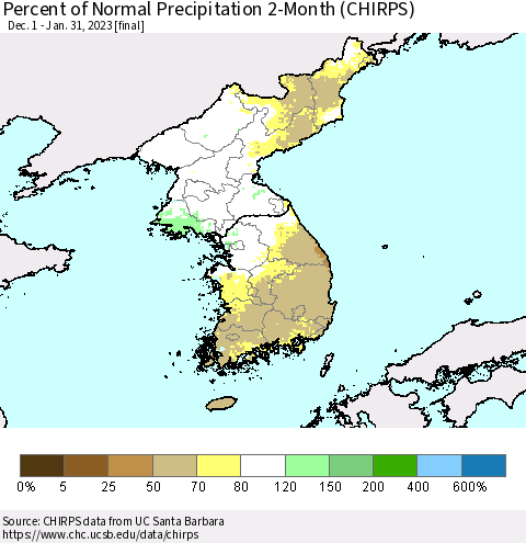 Korea Percent of Normal Precipitation 2-Month (CHIRPS) Thematic Map For 12/1/2022 - 1/31/2023