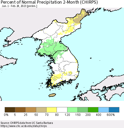 Korea Percent of Normal Precipitation 2-Month (CHIRPS) Thematic Map For 1/1/2023 - 2/28/2023