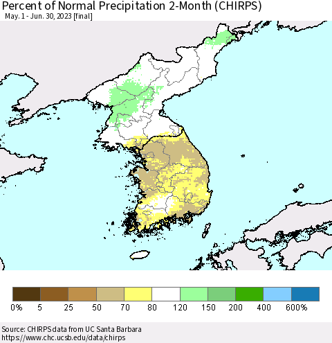 Korea Percent of Normal Precipitation 2-Month (CHIRPS) Thematic Map For 5/1/2023 - 6/30/2023