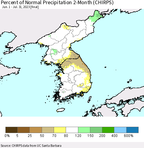 Korea Percent of Normal Precipitation 2-Month (CHIRPS) Thematic Map For 6/1/2023 - 7/31/2023
