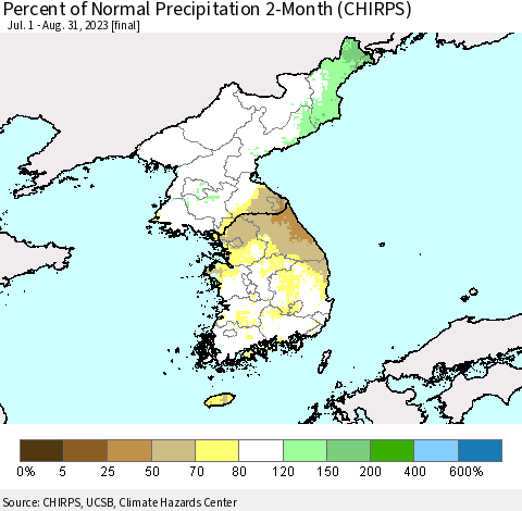 Korea Percent of Normal Precipitation 2-Month (CHIRPS) Thematic Map For 7/1/2023 - 8/31/2023