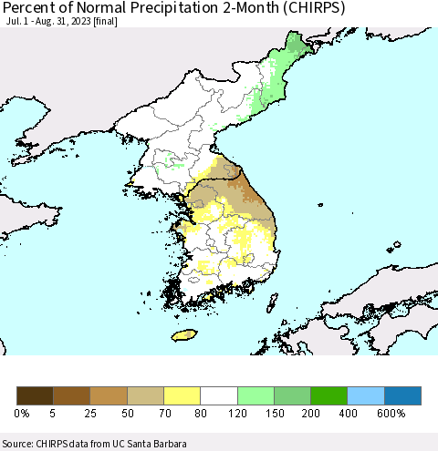 Korea Percent of Normal Precipitation 2-Month (CHIRPS) Thematic Map For 7/1/2023 - 8/31/2023